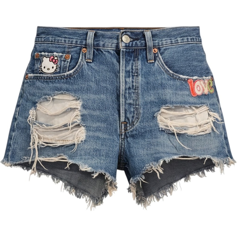 Levis 501 Original Distressed Denim Shorts Hello Kitty VW‎ Bus Patches Blue W27